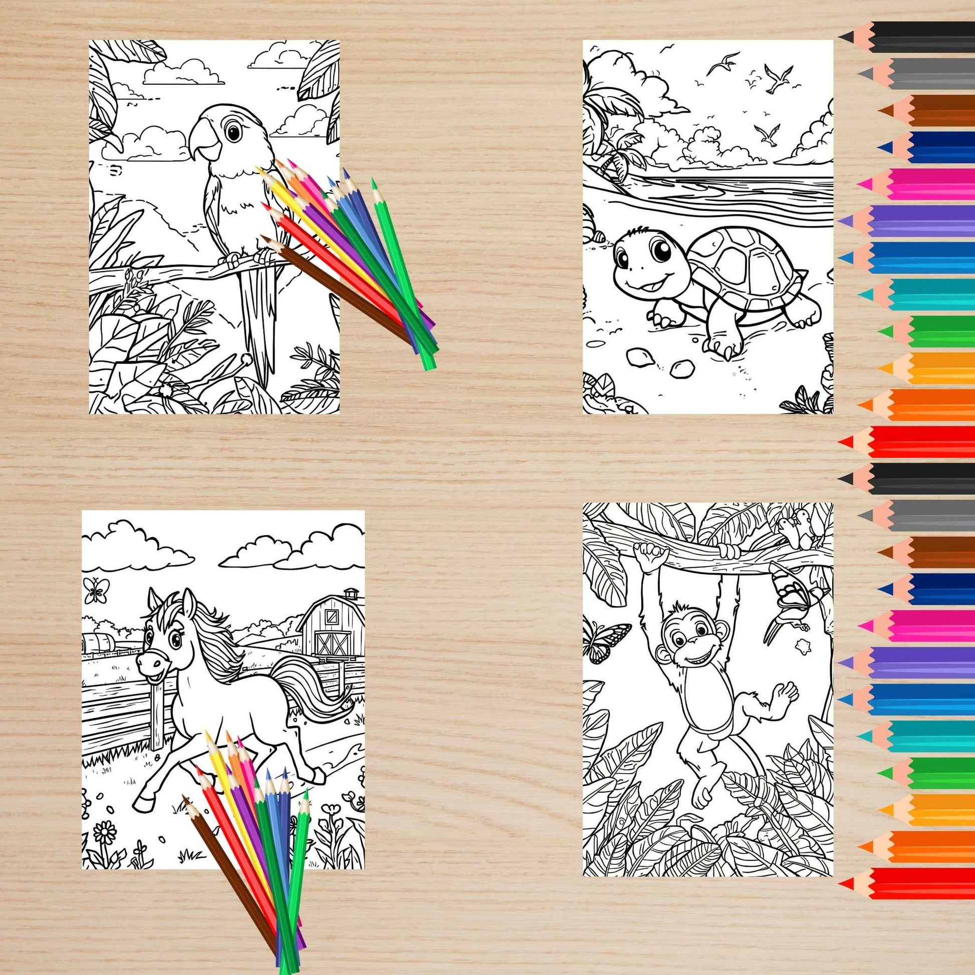 Állatos részletes háttérrel színező gyerekeknek Frontális