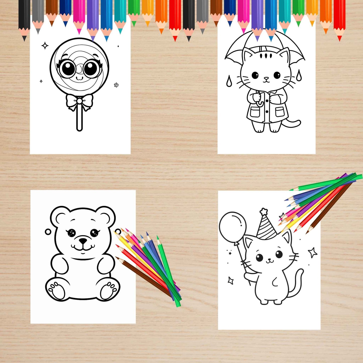 Cuki édességek és cicák színező gyerekeknek Frontális