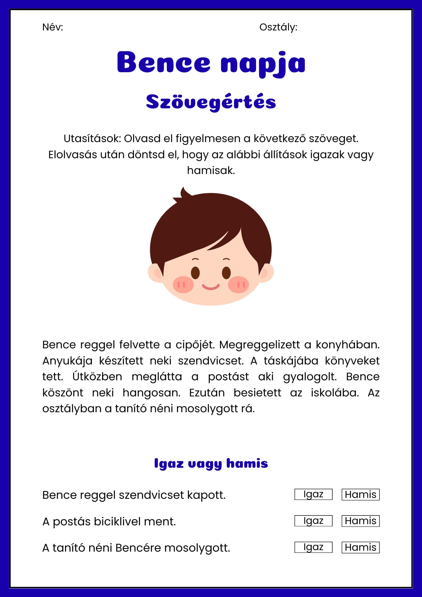 Készülődés az iskolába szövegértés feladatlap 1. osztályosoknak Frontális