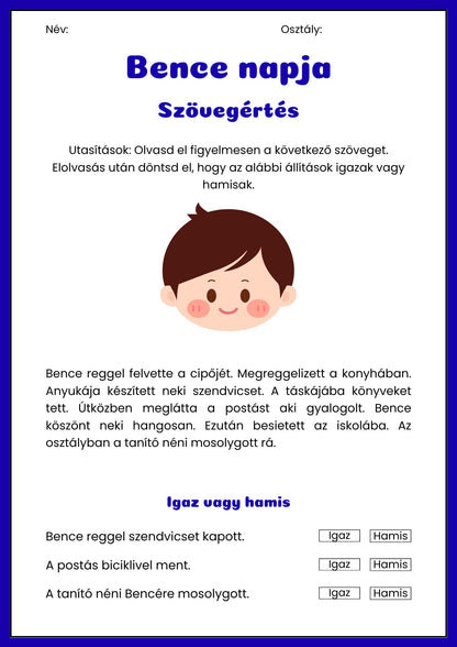 Készülődés az iskolába szövegértés feladatlap 1. osztályosoknak Frontális