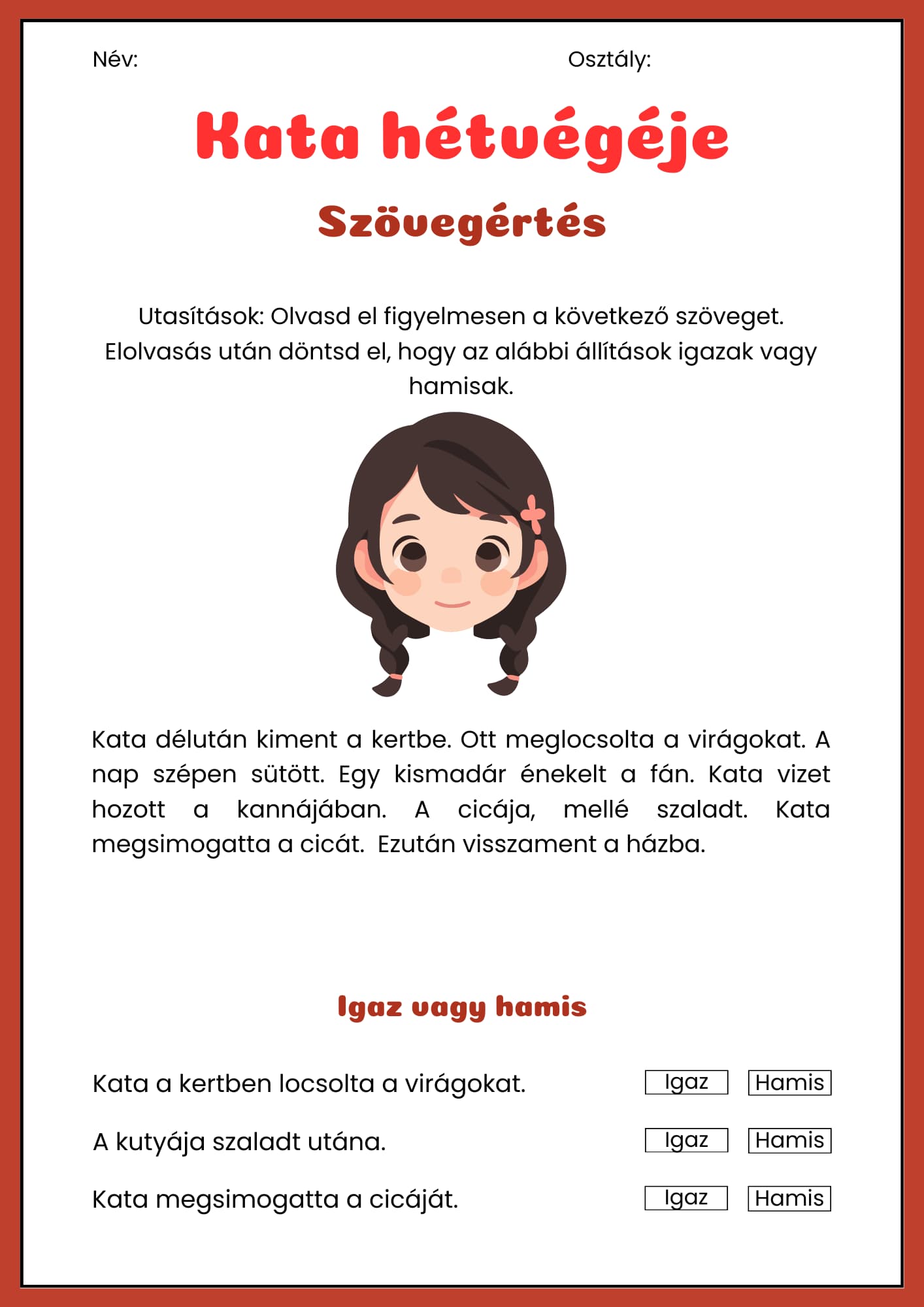 Készülődés az iskolába szövegértés feladatlap 1. osztályosoknak Frontális