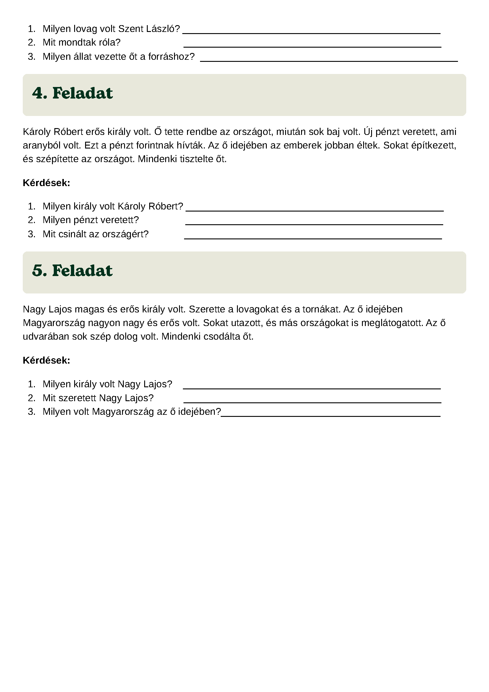 Magyarország királyai szövegértés feladatlap Frontális