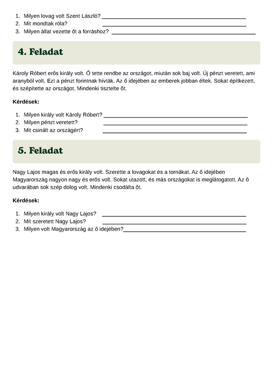 Magyarország királyai szövegértés feladatlap Frontális