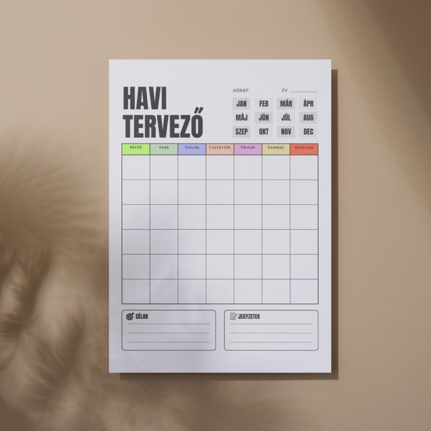 Színes Havi tervező Frontális