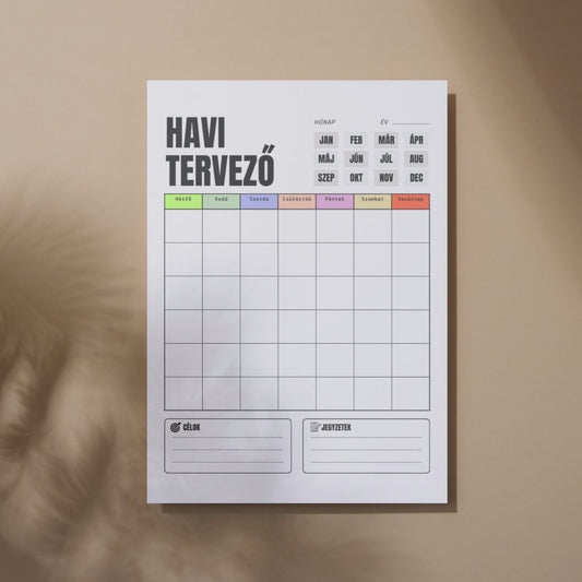 Színes Havi tervező Frontális